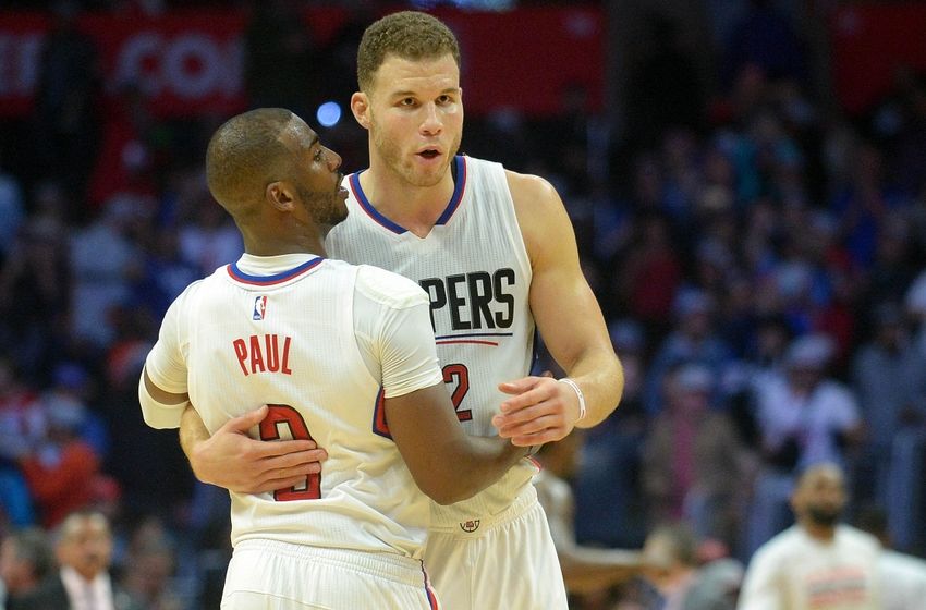 November 21, 2016; Los Angeles, CA, USA; Los Angeles Clippers guard Chris Paul (3) and forward Blake Griffin (32) celebrate the 123-115 victory against the Toronto Raptors at Staples Center. Mandatory Credit: Gary A. Vasquez-USA TODAY Sports