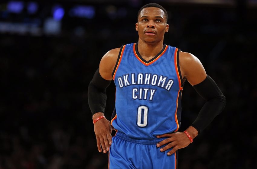 Nov 28, 2016; New York, NY, USA; Oklahoma City Thunder guard Russell Westbrook (0) reacts during the second half against the New York Knicks at Madison Square Garden. Mandatory Credit: Adam Hunger-USA TODAY Sports