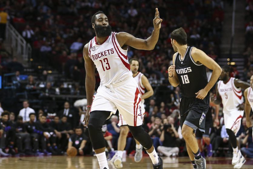 Dec 14, 2016; Houston, TX, USA; Houston Rockets guard James Harden (13) celebrates after making a three point basket during the third quarter against the Sacramento Kings at Toyota Center. Mandatory Credit: Troy Taormina-USA TODAY Sports