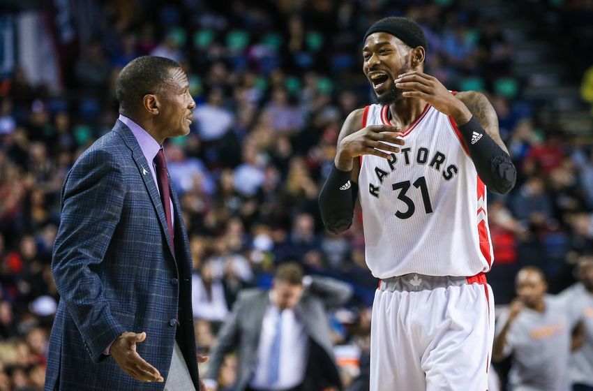 Oct 3, 2016; Calgary, Alberta, CAN; Toronto Raptors head coach Dwane Casey and forward Terrence Ross (31) during the third quarter against the Denver Nuggets at Scotiabank Saddledome. Mandatory Credit: Sergei Belski-USA TODAY Sports