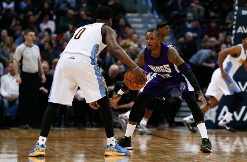 Feb 23, 2016; Denver, CO, USA; Sacramento Kings guard Ben McLemore (23) guards Denver Nuggets guard Emmanuel Mudiay (0) in the third quarter at the Pepsi Center. Mandatory Credit: Isaiah J. Downing-USA TODAY Sports