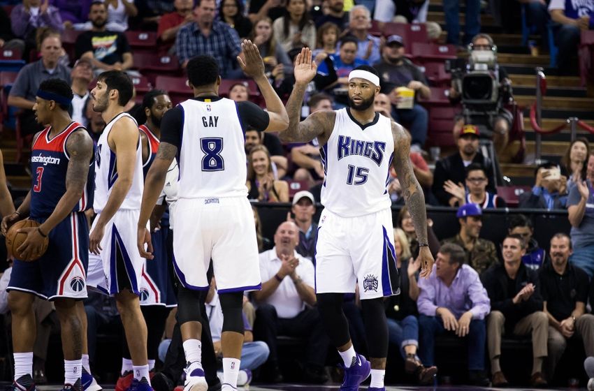 Mar 30, 2016; Sacramento, CA, USA; Sacramento Kings center DeMarcus Cousins (15) high fives forward Rudy Gay (8) after a basket against the Washington Wizards during the second quarter at Sleep Train Arena. Mandatory Credit: Kelley L Cox-USA TODAY Sports