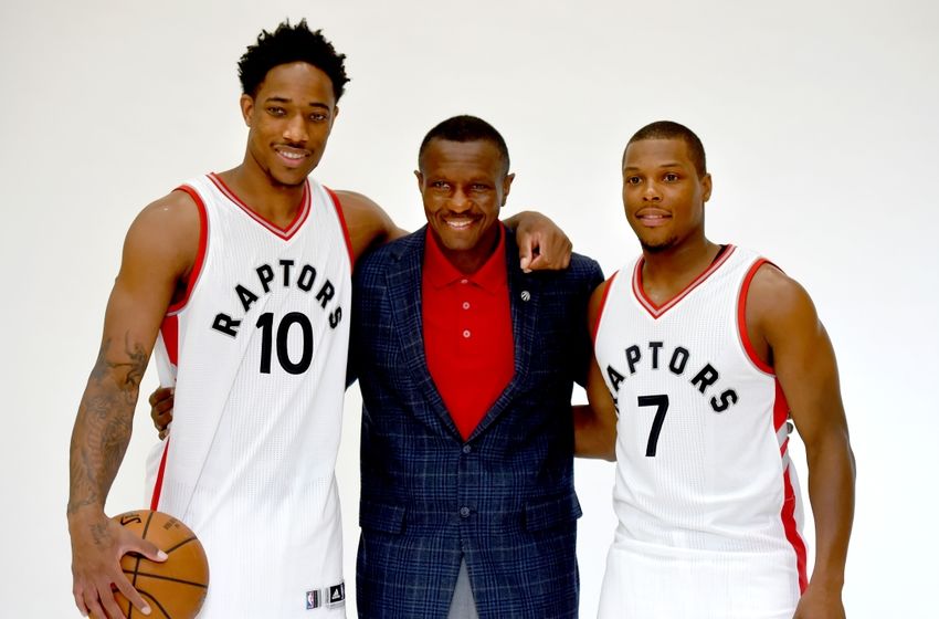 Sep 26, 2016; Toronto, Ontario, Canada; Toronto Raptors head coach Dwane Casey poses with guards DeMar DeRozan (10) and Kyle Lowry (7) during media day at BioSteel Centre. Mandatory Credit: Dan Hamilton-USA TODAY Sports