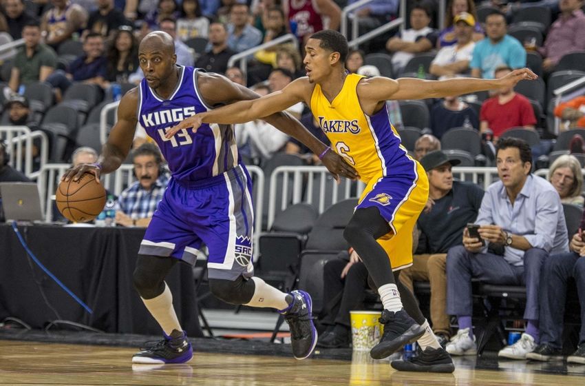 Oct 13, 2016; Las Vegas, NV, USA; Sacramento Kings forward Anthony Tolliver (43) is defended by Los Angeles Lakers guard Jordan Clarkson (6) during the third quarter at T-Mobile Arena. Mandatory Credit: Joshua Dahl-USA TODAY Sports