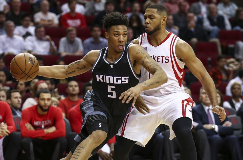 Dec 14, 2016; Houston, TX, USA; Sacramento Kings guard Malachi Richardson (5) drives with the ball as Houston Rockets guard Eric Gordon (10) defends during the fourth quarter at Toyota Center. Mandatory Credit: Troy Taormina-USA TODAY Sports