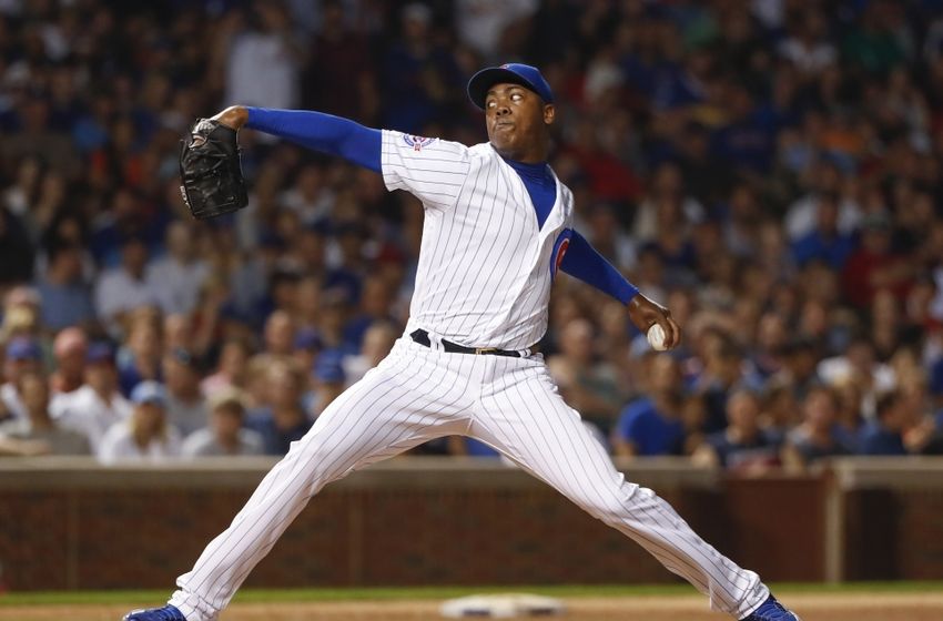 Aug 11, 2016; Chicago, IL, USA; Chicago Cubs relief pitcher Aroldis Chapman (54) delivers against the St. Louis Cardinals during the ninth inning at Wrigley Field. Mandatory Credit: Kamil Krzaczynski-USA TODAY Sports