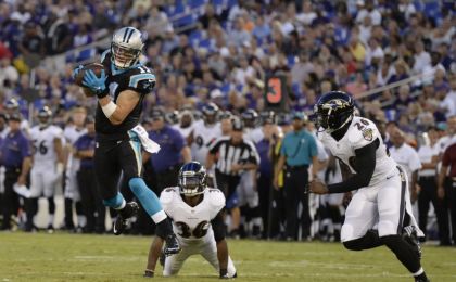 Aug 11, 2016; Baltimore, MD, USA; Carolina Panthers wide receiver Brenton Bersin (11) leaps to makes catch in front of Ravens defense during the first quarter at M&T Bank Stadium. Mandatory Credit: Tommy Gilligan-USA TODAY Sports