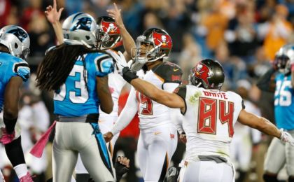 Oct 10, 2016; Charlotte, NC, USA; Tampa Bay Buccaneers kicker Roberto Aguayo (19) kicks the game winning field goal against the Carolina Panthers at Bank of America Stadium. The Buccaneers won 17-14. Mandatory Credit: Jeremy Brevard-USA TODAY Sports