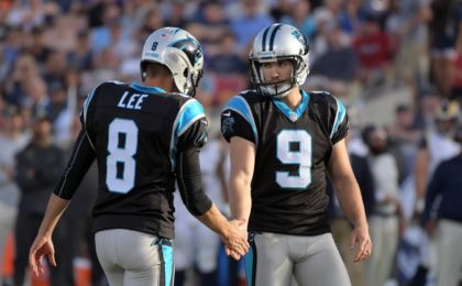 Nov 6, 2016; Los Angeles, CA, USA; Carolina Panthers kicker Graham Gano (9) reacts after kicking a field goal against the Los Angeles Rams with Panthers punter Andy Lee (8) during the second half of a NFL football game at Los Angeles Memorial Coliseum. Mandatory Credit: Kirby Lee-USA TODAY Sports