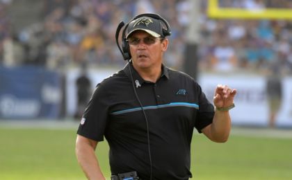 Nov 6, 2016; Los Angeles, CA, USA; Carolina Panthers coach Ron Rivera reacts during a NFL football game against the Los Angeles Rams at Los Angeles Memorial Coliseum. The Panthers defeated the Rams 13-10. Mandatory Credit: Kirby Lee-USA TODAY Sports