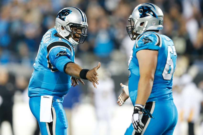 Nov 17, 2016; Charlotte, NC, USA; Carolina Panthers quarterback Cam Newton (1) shakes hands with center Ryan Kalil (67) after scoring a touchdown in the first quarter against the New Orleans Saints at Bank of America Stadium. Mandatory Credit: Jeremy Brevard-USA TODAY Sports