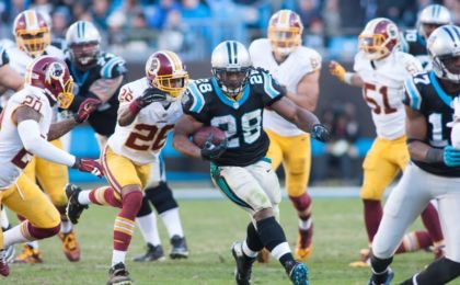 Nov 22, 2015; Charlotte, NC, USA; Carolina Panthers running back Jonathan Stewart (28) carries the ball during the third quarter against the Washington Redskins at Bank of America Stadium. The Panthers won 44-16. Mandatory Credit: Jeremy Brevard-USA TODAY Sports