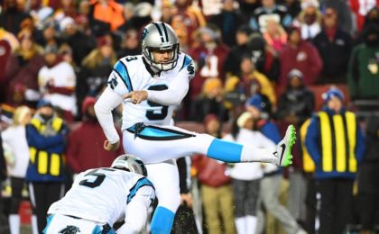 Dec 19, 2016; Landover, MD, USA; Carolina Panthers kicker Graham Gano (9) kicks a field goal against the Washington Redskins during the second half at FedEx Field. Mandatory Credit: Brad Mills-USA TODAY Sports