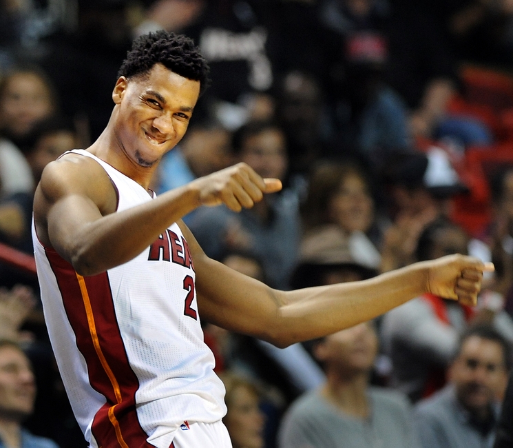 Jan 19, 2016; Miami, FL, USA; Miami Heat center Hassan Whiteside (21) celebrates against the Milwaukee Bucks at American Airlines Arena. Mandatory Credit: Robert Duyos-USA TODAY Sports