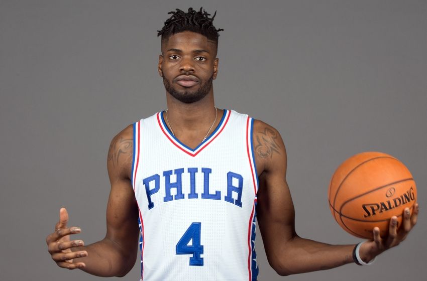 Sep 26, 2016; Philadelphia, PA, USA; Philadelphia 76ers forward Nerlens Noel (4) during media day at the Philadelphia 76ers Training Complex. Mandatory Credit: Bill Streicher-USA TODAY Sports