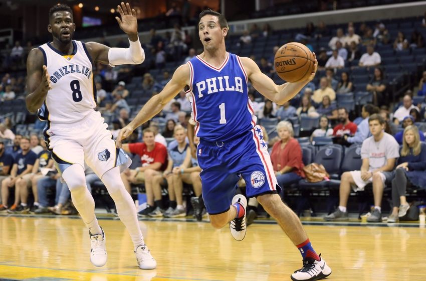 Oct 11, 2016; Memphis, TN, USA; Philadelphia 76ers guard T.J. McConnell (1) looks to pass as Memphis Grizzlies forward James Ennis (8) defends in the first quarter at FedExForum. Mandatory Credit: Nelson Chenault-USA TODAY Sports