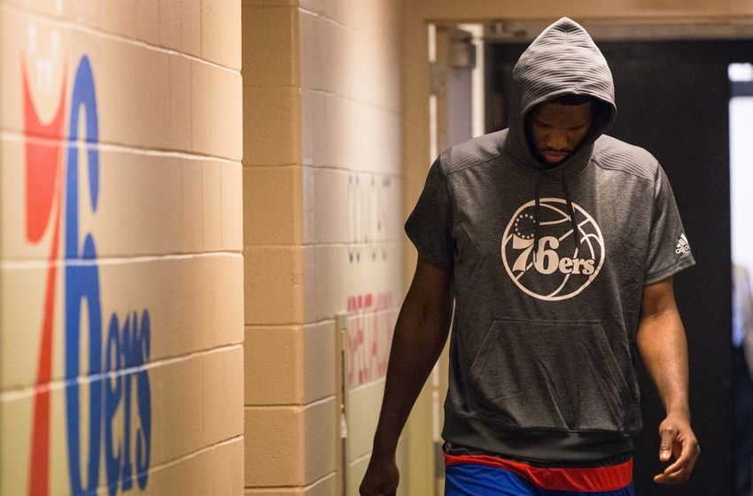 Oct 26, 2016; Philadelphia, PA, USA; Philadelphia 76ers center Joel Embiid walks from the dressing room for warmups against the Oklahoma City Thunder at Wells Fargo Center. Mandatory Credit: Bill Streicher-USA TODAY Sports