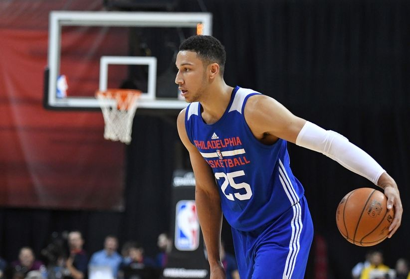 Jul 12, 2016; Las Vegas, NV, USA; Philadelphia 76ers forward Ben Simmons (25) dribbles the ball during an NBA Summer League game against the Golden State Warriors at Thomas & Mack Center. Golden State won the game 85-77. Mandatory Credit: Stephen R. Sylvanie-USA TODAY Sports