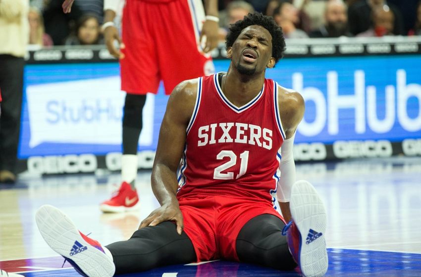 Nov 1, 2016; Philadelphia, PA, USA; Philadelphia 76ers center Joel Embiid (21) reacts after a collision during the second half against the Orlando Magic at Wells Fargo Center. The Orlando Magic won 103-101. Mandatory Credit: Bill Streicher-USA TODAY Sports