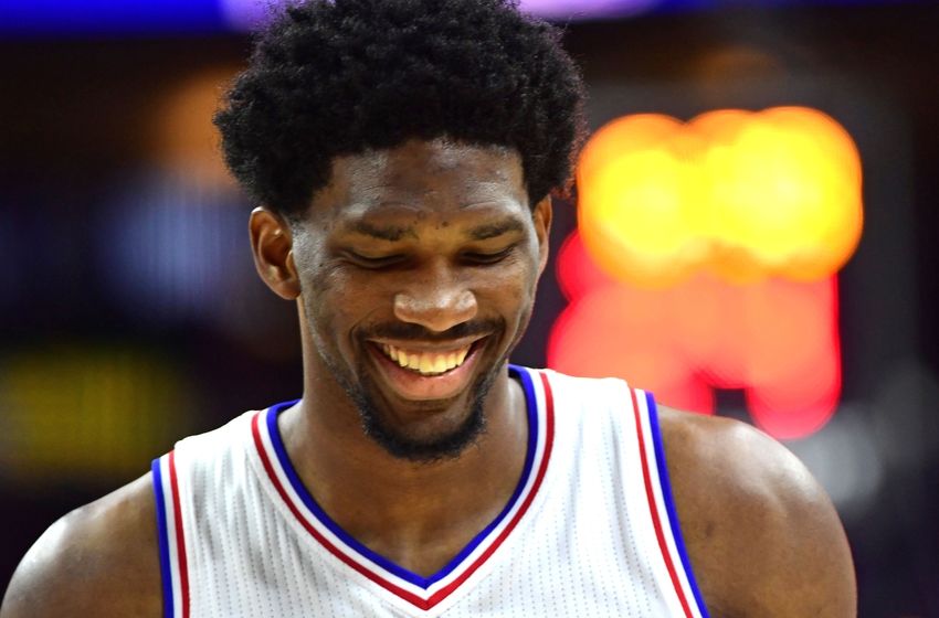 Nov 7, 2016; Philadelphia, PA, USA; Philadelphia 76ers center Joel Embiid (21) reacts against the Utah Jazz during the second quarter at Wells Fargo Center. Mandatory Credit: Eric Hartline-USA TODAY Sports