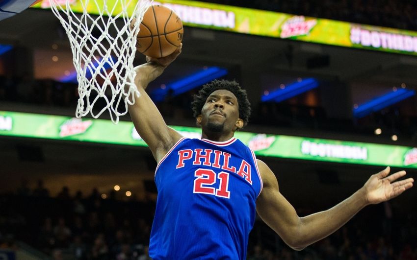 Nov 19, 2016; Philadelphia, PA, USA; Philadelphia 76ers center Joel Embiid (21) dunks after the whistle against the Phoenix Suns during the second quarter at Wells Fargo Center. Mandatory Credit: Bill Streicher-USA TODAY Sports