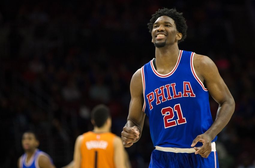 Nov 19, 2016; Philadelphia, PA, USA; Philadelphia 76ers center Joel Embiid (21) reacts after a defensive stop against the Phoenix Suns during the second half at Wells Fargo Center. The Philadelphia 76ers won 120-105. Mandatory Credit: Bill Streicher-USA TODAY Sports