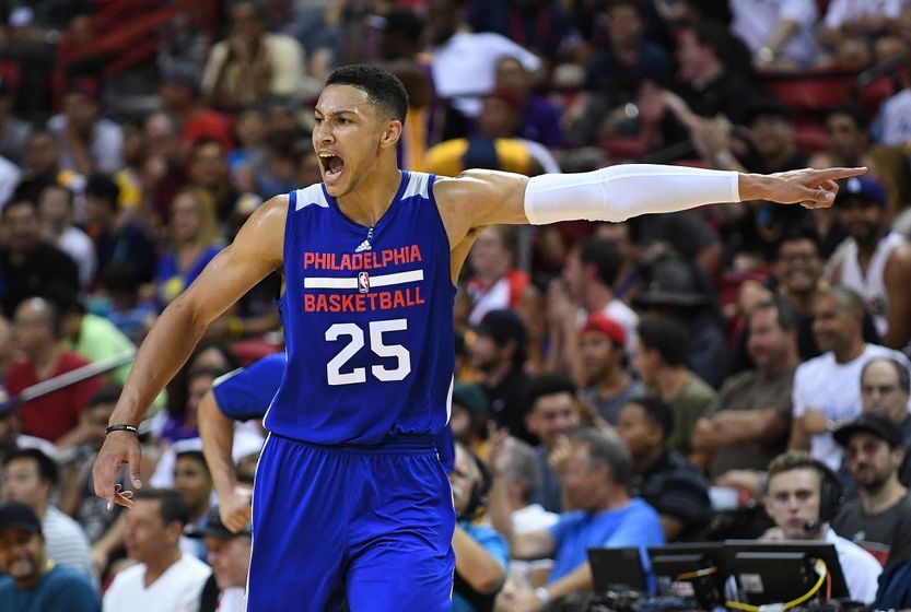 Jul 9, 2016; Las Vegas, NV, USA; Philadelphia 76ers forward Ben Simmons (25) yells from the court during an NBA Summer League game against the Los Angeles Lakers at Thomas & Mack Center. Los Angeles won the game 70-69. Mandatory Credit: Stephen R. Sylvanie-USA TODAY Sports