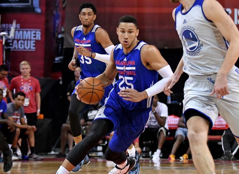 Jul 12, 2016; Las Vegas, NV, USA; Philadelphia 76ers forward Ben Simmons (25) dribbles the ball during an NBA Summer League game against the Golden State Warriors at Thomas & Mack Center. Golden State won the game 85-77. Mandatory Credit: Stephen R. Sylvanie-USA TODAY Sports