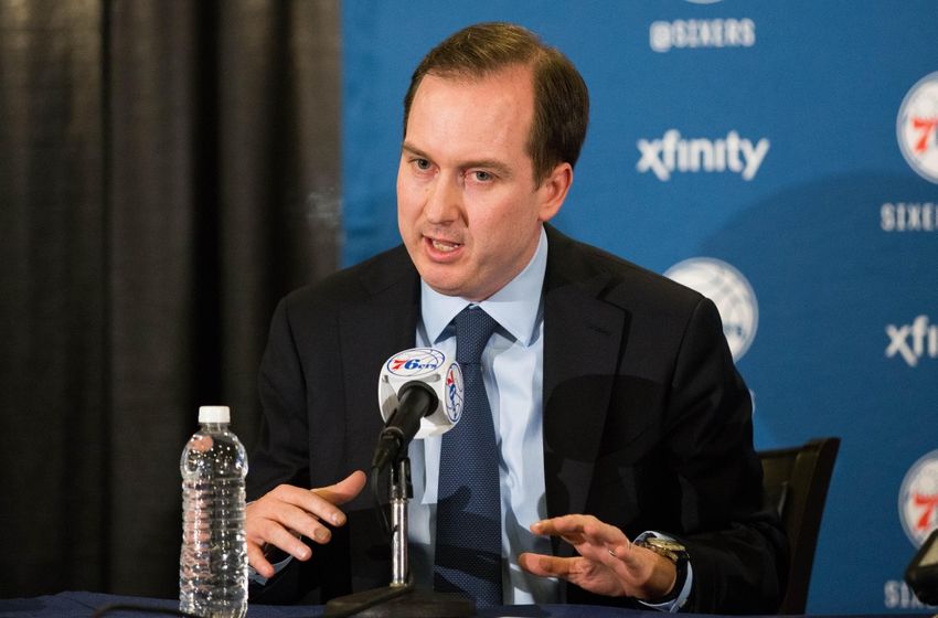 Dec 7, 2015; Philadelphia, PA, USA; Philadelphia 76ers general manager Sam Hinkie speaks to the media during a press conference to introduce Jerry Colangelo (not pictured) as special advisor before a game against the San Antonio Spurs at Wells Fargo Center. Mandatory Credit: Bill Streicher-USA TODAY Sports