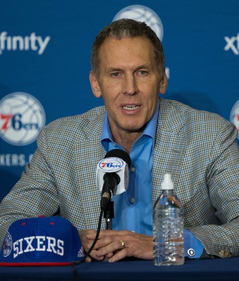 Jun 24, 2016; Philadelphia, PA, USA; Philadelphia 76ers president of basketball operations Bryan Colangelo during an introduction press conference at the Philadelphia College of Osteopathic Medicine. Mandatory Credit: Bill Streicher-USA TODAY Sports