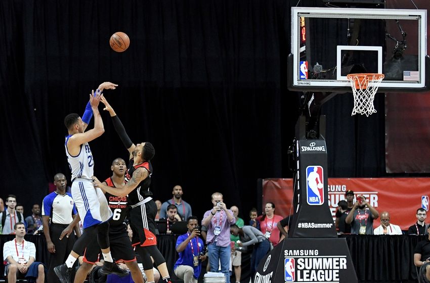 Jul 10, 2016; Las Vegas, NV, USA; Philadelphia 76ers forward Ben Simmons (25) takes a three point shot during an NBA Summer League game against the Chicago Bulls at Thomas & Mack Center. Chicago won the game 83-70. Mandatory Credit: Stephen R. Sylvanie-USA TODAY Sports