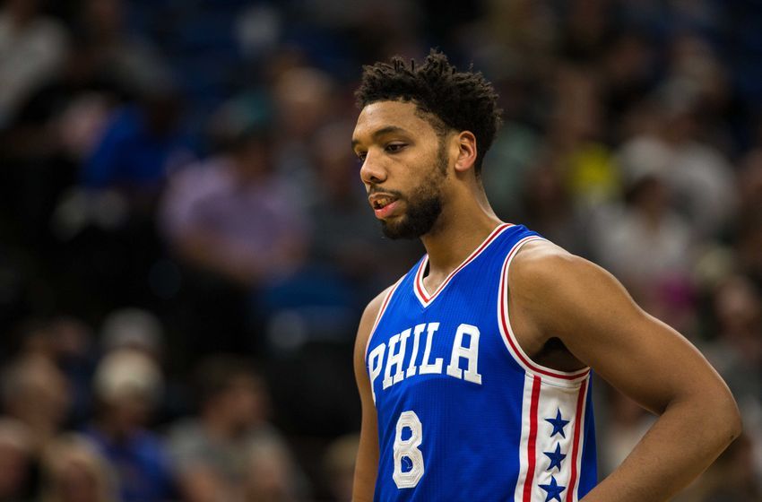 Nov 17, 2016; Minneapolis, MN, USA; Philadelphia 76ers center Jahlil Okafor (8) looks on against the Minnesota Timberwolves at Target Center. The Timberwolves defeated the 76ers 110-86. Mandatory Credit: Brace Hemmelgarn-USA TODAY Sports