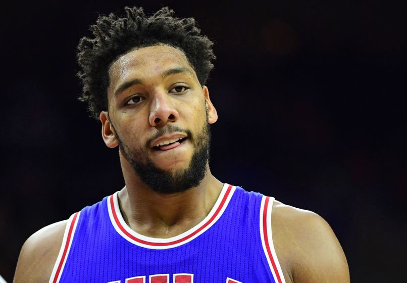 Dec 3, 2016; Philadelphia, PA, USA; Philadelphia 76ers center Jahlil Okafor (8) reacts against the Boston Celtics during the fourth quarter at Wells Fargo Center. The Celtics defeated the 76ers 107-106. Mandatory Credit: Eric Hartline-USA TODAY Sports