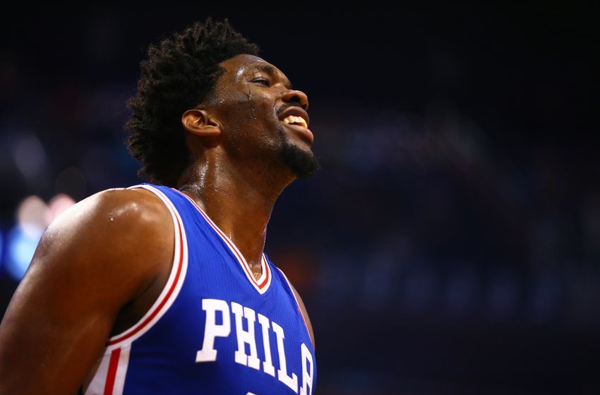 Dec 23, 2016; Phoenix, AZ, USA; Philadelphia 76ers center Joel Embiid (21) against the Phoenix Suns at Talking Stick Resort Arena. The Suns defeated the 76ers 123-116. Mandatory Credit: Mark J. Rebilas-USA TODAY Sports