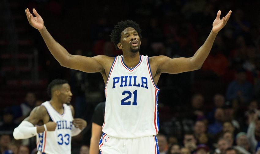 Jan 3, 2017; Philadelphia, PA, USA; Philadelphia 76ers center Joel Embiid (21) reacts after being fouled against the Minnesota Timberwolves during the second quarter at Wells Fargo Center. Mandatory Credit: Bill Streicher-USA TODAY Sports