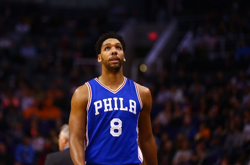 Dec 23, 2016; Phoenix, AZ, USA; Philadelphia 76ers center Jahlil Okafor (8) against the Phoenix Suns at Talking Stick Resort Arena. The Suns defeated the 76ers 123-116. Mandatory Credit: Mark J. Rebilas-USA TODAY Sports