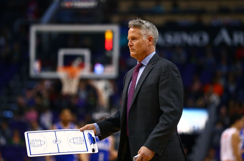 Dec 23, 2016; Phoenix, AZ, USA; Philadelphia 76ers head coach Brett Brown against the Phoenix Suns at Talking Stick Resort Arena. The Suns defeated the 76ers 123-116. Mandatory Credit: Mark J. Rebilas-USA TODAY Sports