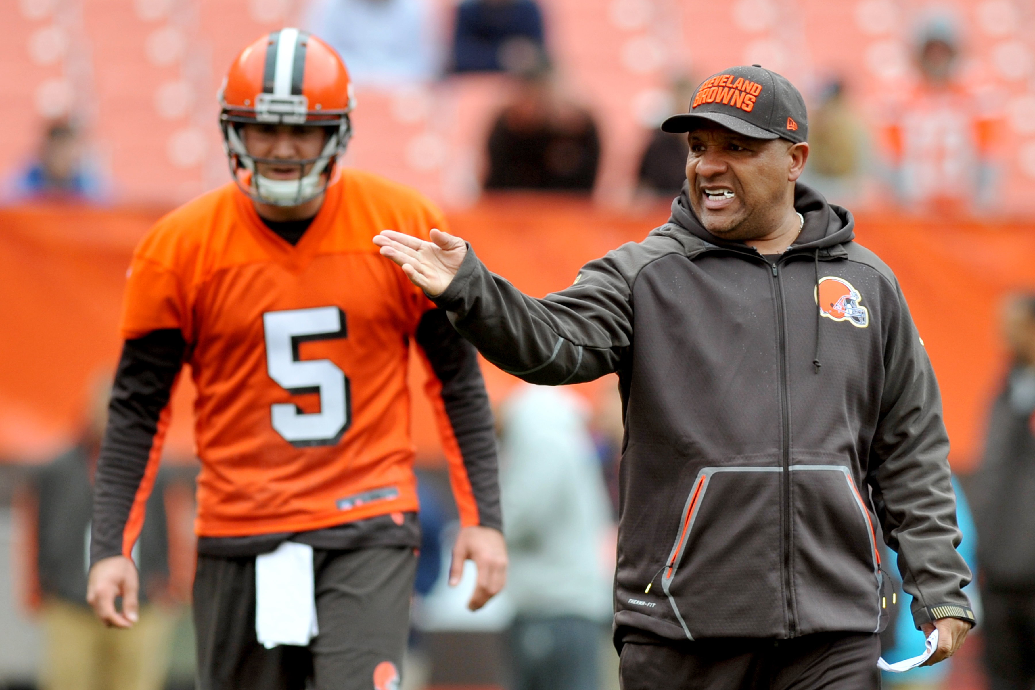 CLEVELAND, OH - MAY 14, 2016: Head coach Hue Jackson of the Cleveland Browns directs a quarterback drill during the practice portion of Fan Fest on May 14, 2016 at FirstEnergy Stadium in Cleveland, Ohio. (Photo by Nick Cammett/Diamond Images/Getty Images)
