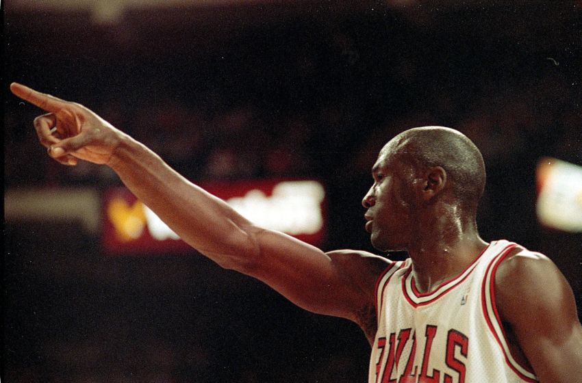 5 Jun 1991: A close up of Michael Jordan #23 of the Chicago Bulls as he points down the court during game two of the NBA Finals against the Los Angeles Lakers. The Bulls defeated the Lakers 107-86. Mandatory Credit: Jonathan Daniel /Allsport