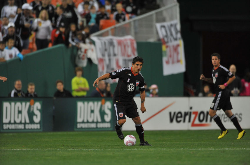 WASHINGTON, DC - OCTOBER 23: Jaime Moreno #99 of D.C. United dribbles the ball during the game against Toronto FC at RFK Stadium on October 23, 2010 in Washington, DC. Toronto defeated DC 3-2. (Photo by Larry French/Getty Images)