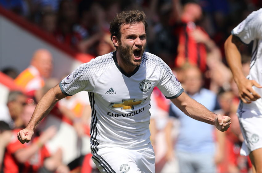 BOURNEMOUTH, ENGLAND - AUGUST 14: Juan Mata of Manchester Untied celebrates after scoring a goal to make it 0- 1 during the Premier League match between AFC Bournemouth and Manchester United at Vitality Stadium on August 14, 2016 in Bournemouth, England. (Photo by Matthew Ashton - AMA/Getty Images)