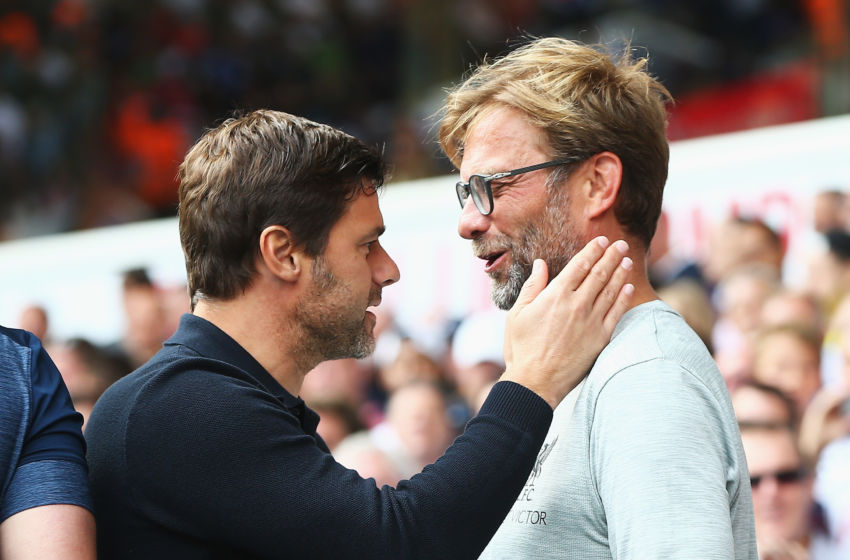 LONDON, ENGLAND - AUGUST 27: Mauricio Pochettino, Manager of Tottenham Hotspur (L) and Jurgen Klopp, Manager of Liverpool (R) embrace prior to kick off during the Premier League match between Tottenham Hotspur and Liverpool at White Hart Lane on August 27, 2016 in London, England. (Photo by Tottenham Hotspur FC/Tottenham Hotspur FC via Getty Images)