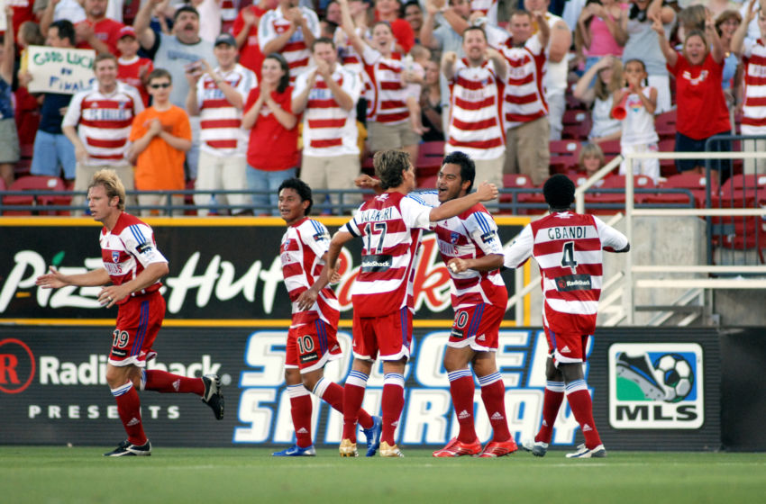 FC Dallas' players celebrate Carlos Ruiz's goal during the game with the New England Revolution at Pizza Hut Park in Frisco, Texas on May 20, 2006. Dallas won the game 4-0. (Photo by Larry Scott Wambsganss/MLS)