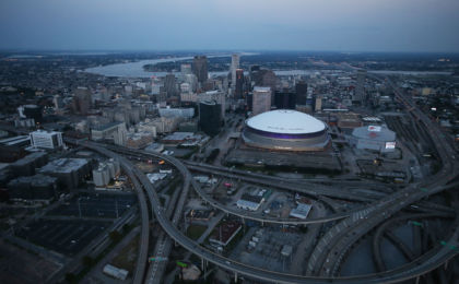 NEW ORLEANS, LA - AUGUST 24: The Mercedes-Benz Superdome stands (CENTER R) downtown on August 24, 2015 in New Orleans, Louisiana. The site was used as a 'shelter of last resort' during Hurricane Katrina. The tenth anniversary of Hurricane Katrina, which killed at least 1836 and is considered the costliest natural disaster in U.S. history, is August 29. (Photo by Mario Tama/Getty Images)
