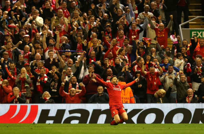 LIVERPOOL, ENGLAND - MAY 05: Adam Lallana of Liverpool celebrates his goal during the UEFA Europa League Semi Final second leg match between Liverpool and Villarreal CF at Anfield on May 05, 2016 in Liverpool, England. (Photo by Jan Kruger - UEFA/UEFA via Getty Images)