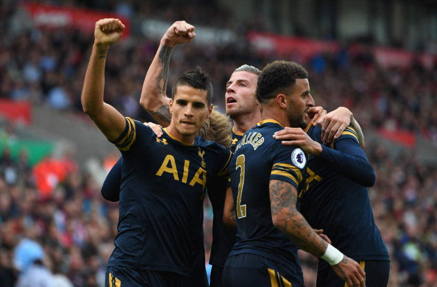 STOKE ON TRENT, ENGLAND - SEPTEMBER 10: Dele Alli of Tottenham Hotspur celebrates scoring his sides third goal with his team mates during the Premier League match between Stoke City and Tottenham Hotspur at Britannia Stadium on September 10, 2016 in Stoke on Trent, England. (Photo by Laurence Griffiths/Getty Images)