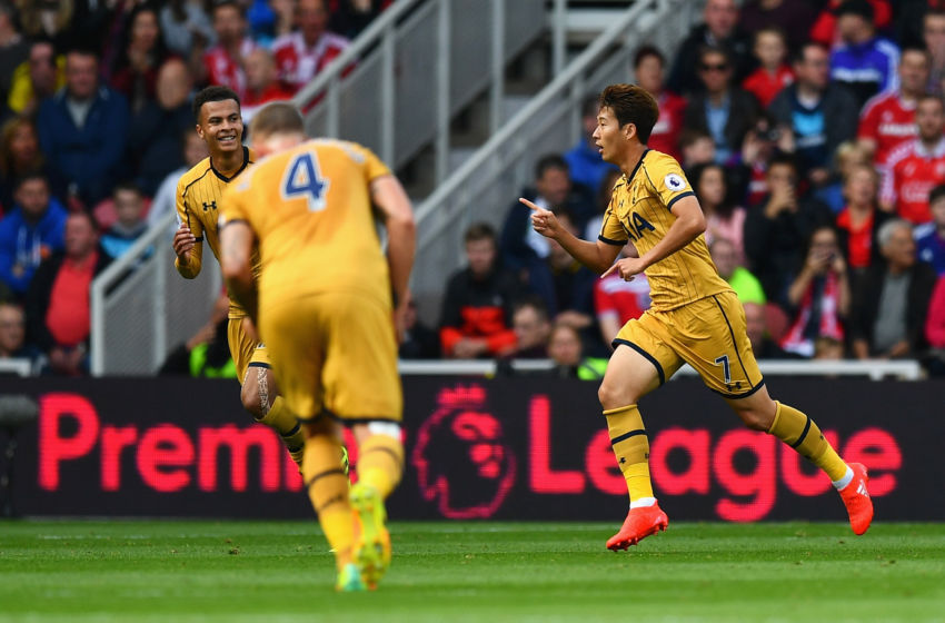 MIDDLESBROUGH, ENGLAND - SEPTEMBER 24: Heung-Min Son of Tottenham Hotspur celebrates scoring his sides second goal during the Premier League match between Middlesbrough and Tottenham Hotspur at the Riverside Stadium on September 24, 2016 in Middlesbrough, England. (Photo by Dan Mullan/Getty Images)