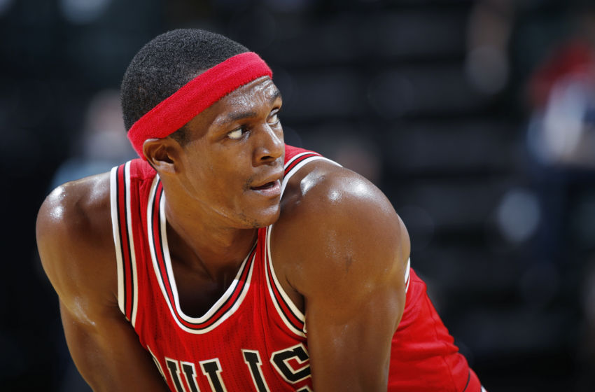 INDIANAPOLIS, IN - OCTOBER 06: Rajon Rondo #9 of the Chicago Bulls looks on against the Indiana Pacers during a preseason game at Bankers Life Fieldhouse on October 6, 2016 in Indianapolis, Indiana. The Pacers defeated the Bulls 115-108.(Photo by Joe Robbins/Getty Images)
