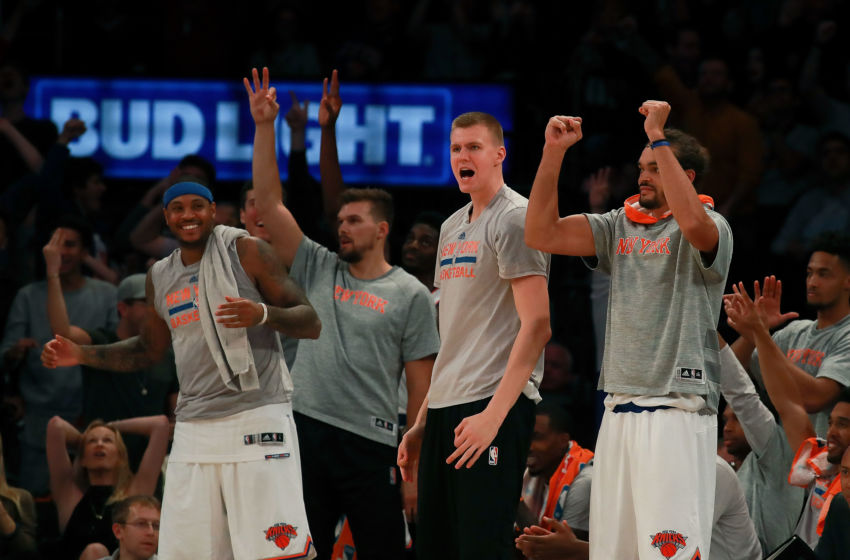 NEW YORK, NY - OCTOBER 15: The New York Knicks bench reacts after a basket against the Boston Celtics during the second half of their preseason game at Madison Square Garden on October 15, 2016 in New York City. NOTE TO USER: User expressly acknowledges and agrees that, by downloading and or using this photograph, User is consenting to the terms and conditions of the Getty Images License Agreement. (Photo by Michael Reaves/Getty Images)