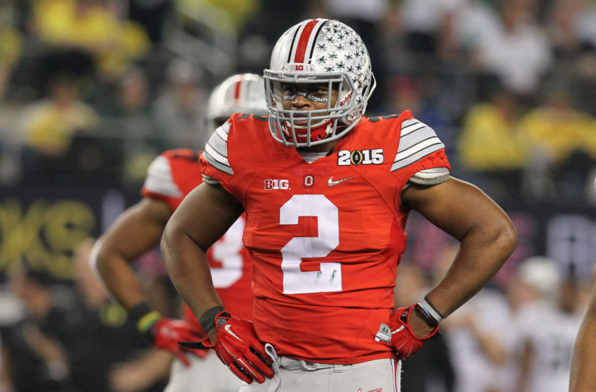 January 12, 2015: Ohio State Buckeyes cornerback Marshon Lattimore (#2) during the Ohio State Buckeyes game versus the Oregon Ducks in the College Football Playoff National Championship at AT&T Stadium in Arlington, TX. Ohio State won the game 42-20. (Photo by Matthew Visinsky/Icon Sportswire/Corbis via Getty Images)